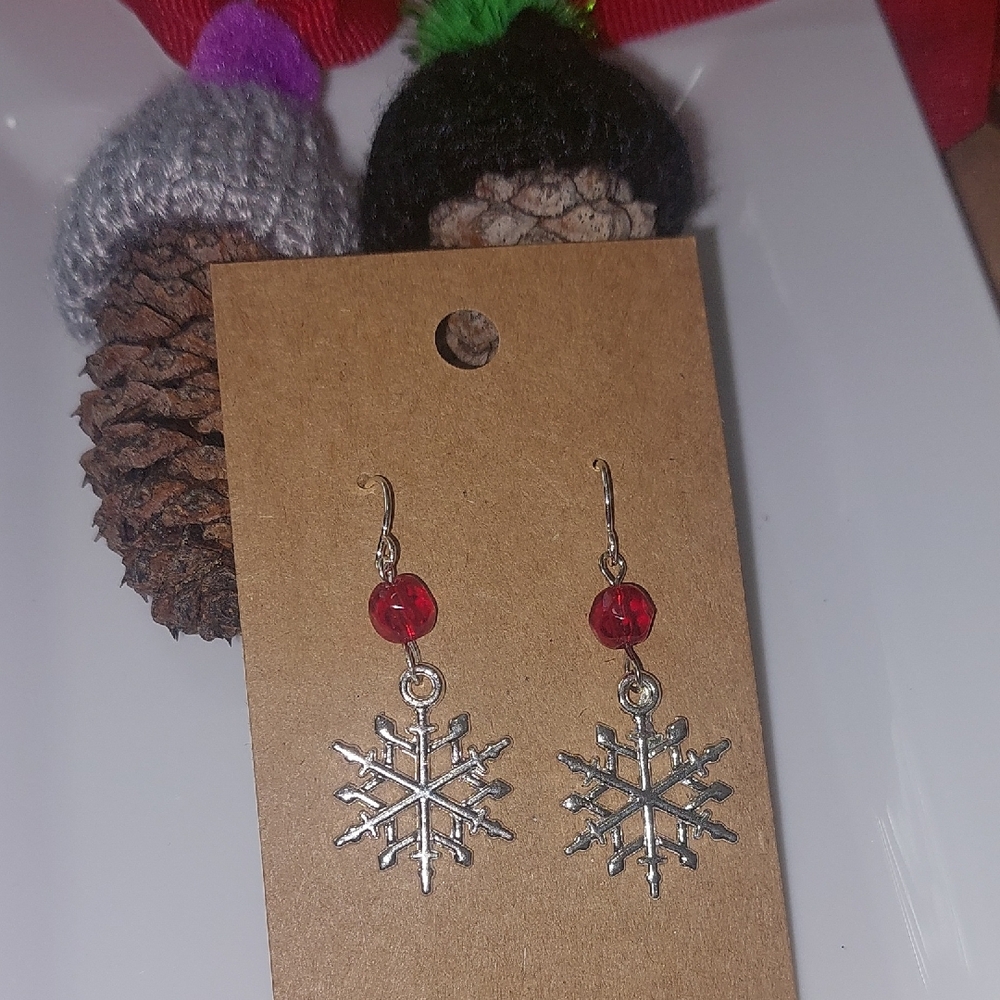 Silver Snowflake Earrings with Red Beads.Handmade